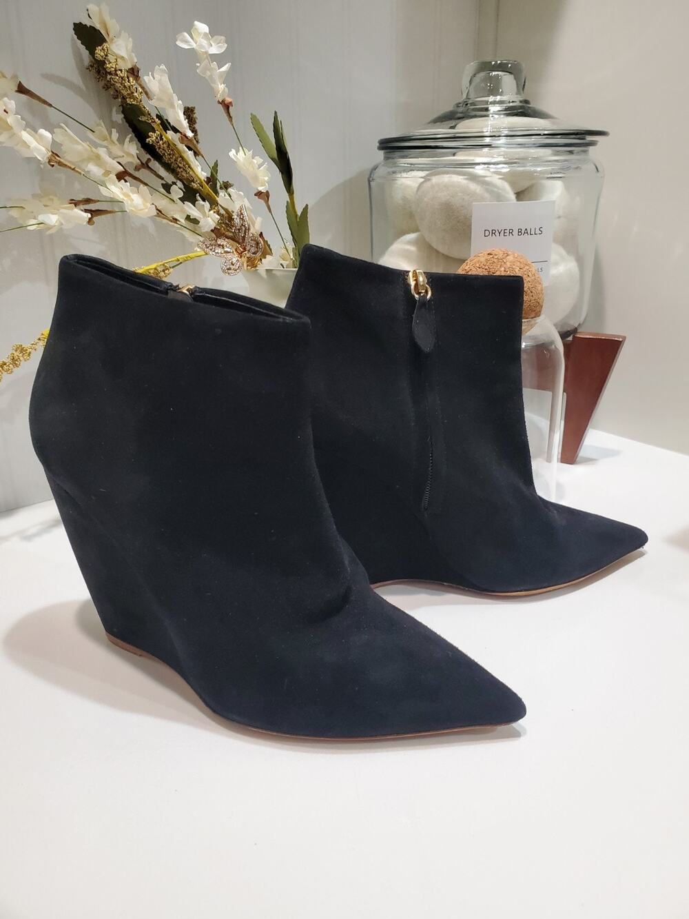 Nicholas Kirkwood Black Suede Pointed Toe Wedge Booties Size 39